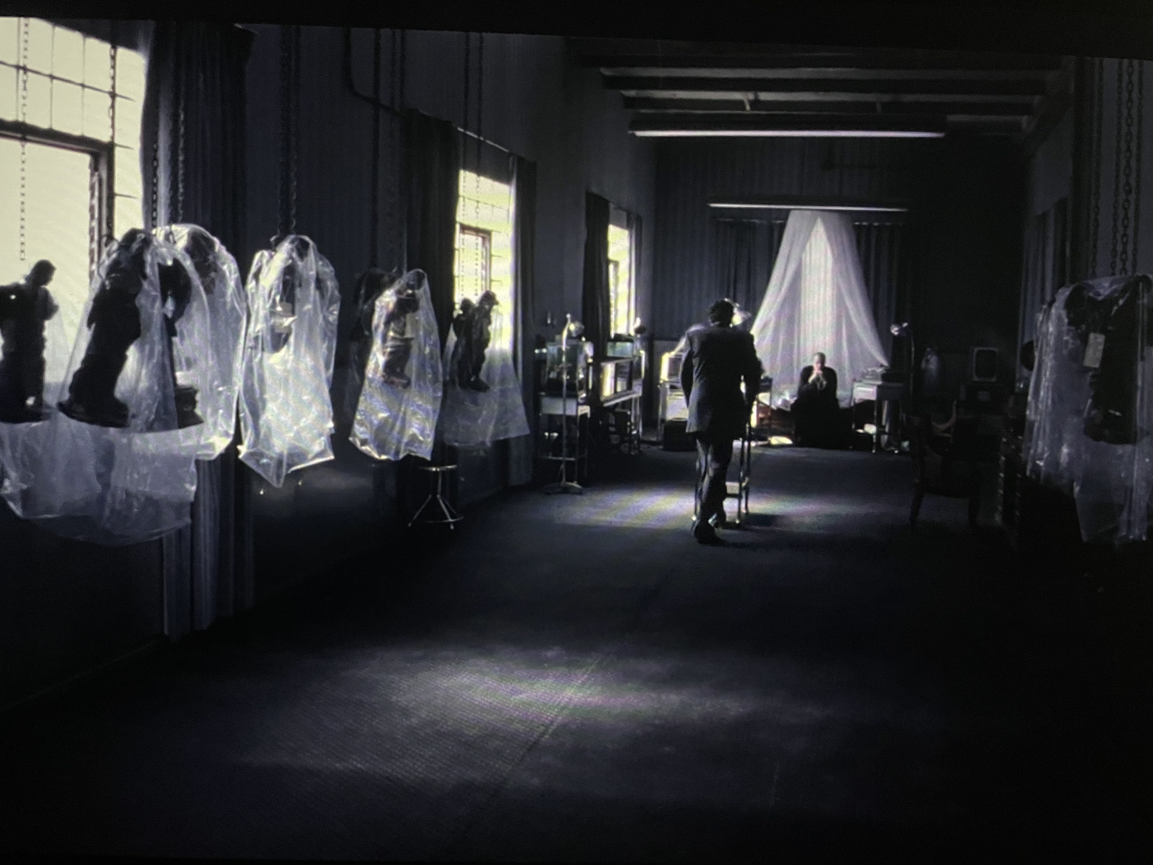 The black and white lighting of the warehouse