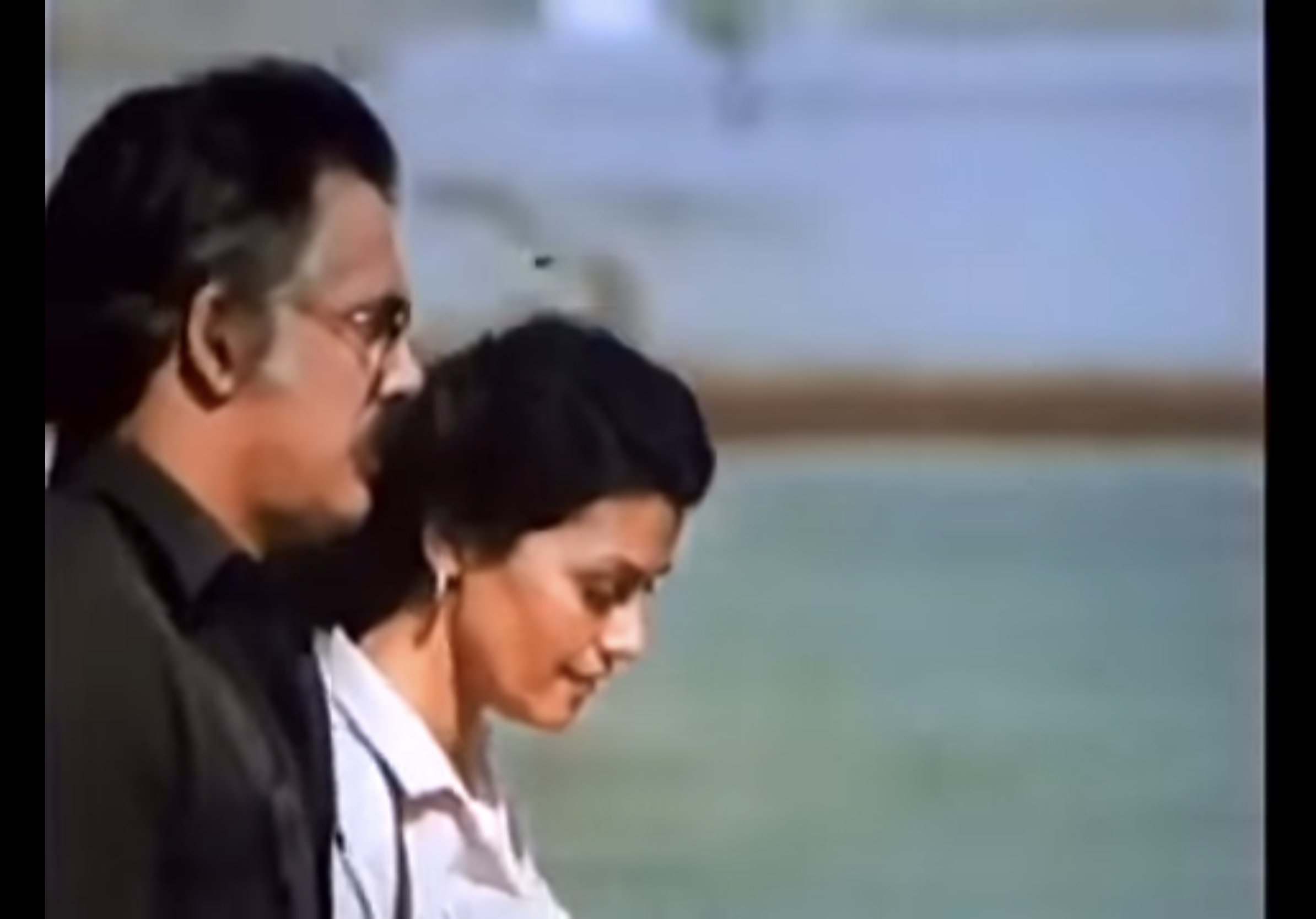 Oscar and Lina in focus walking and talking together. The water and sky in the background is out of focus. 