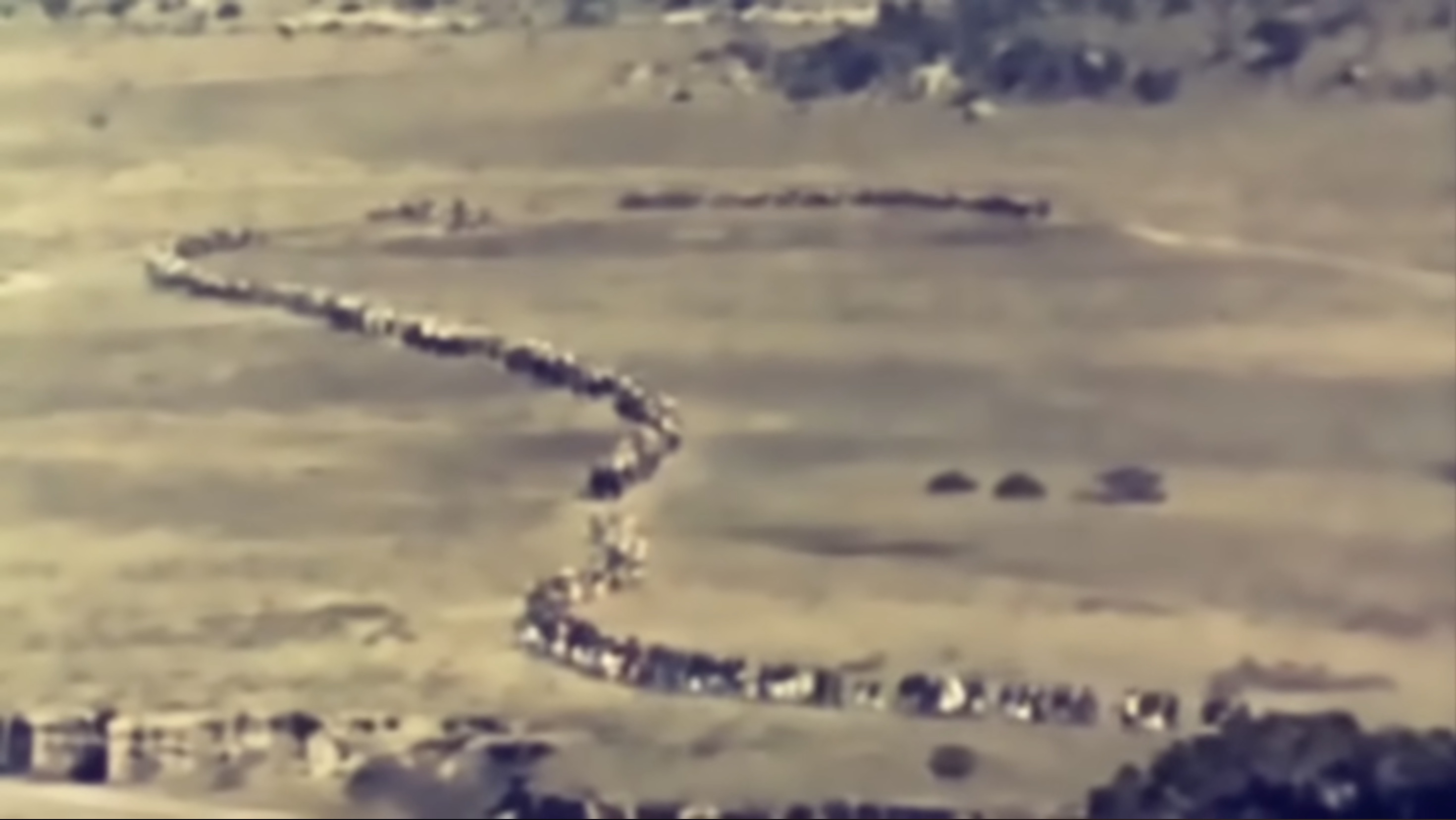 Aerial shot from La Cucaracha (1959) showing a long column of Villa's soldiers on horseback winding across an open, empty plain.
