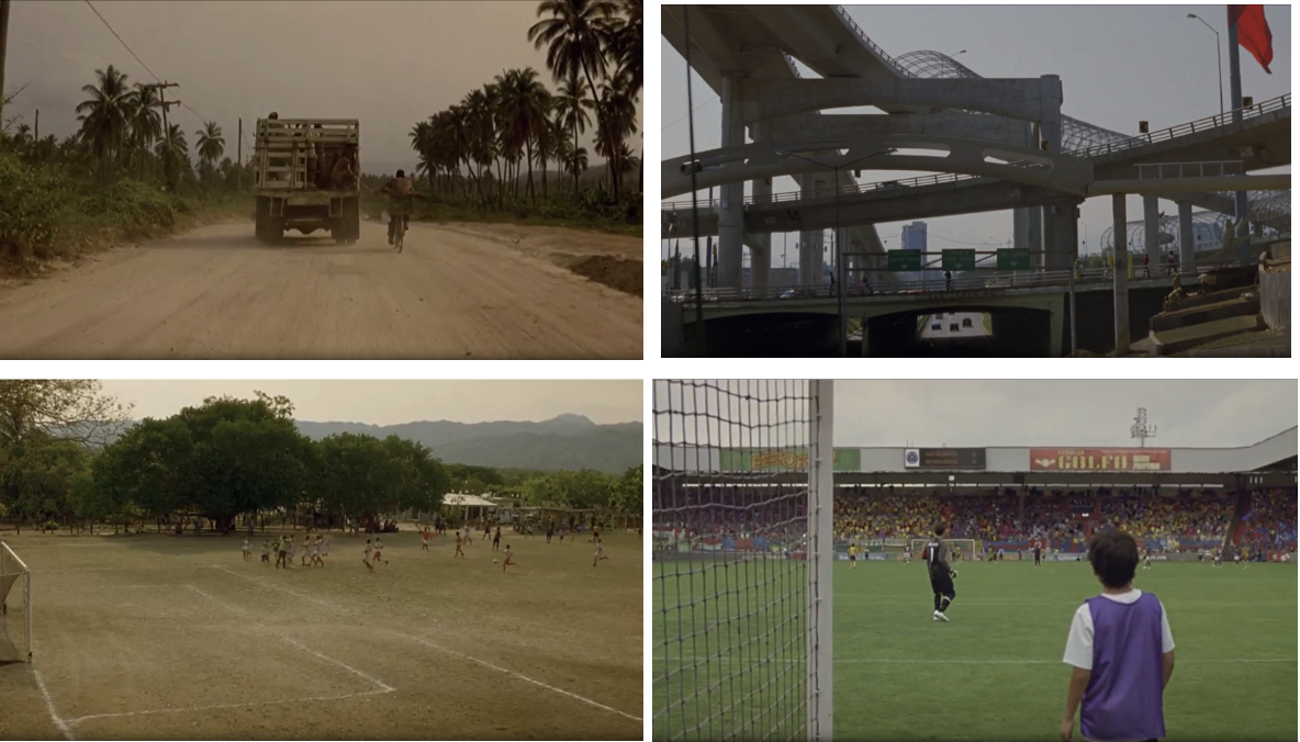 These pictures illustrate the explained differences between the city and the town, specifically showing how the roads and the soccer fields differ.