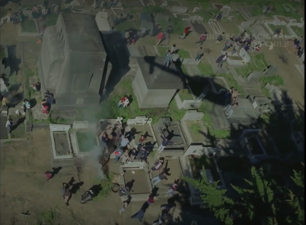 A shot from a helicopter overlooking the people, this happens during the montage.