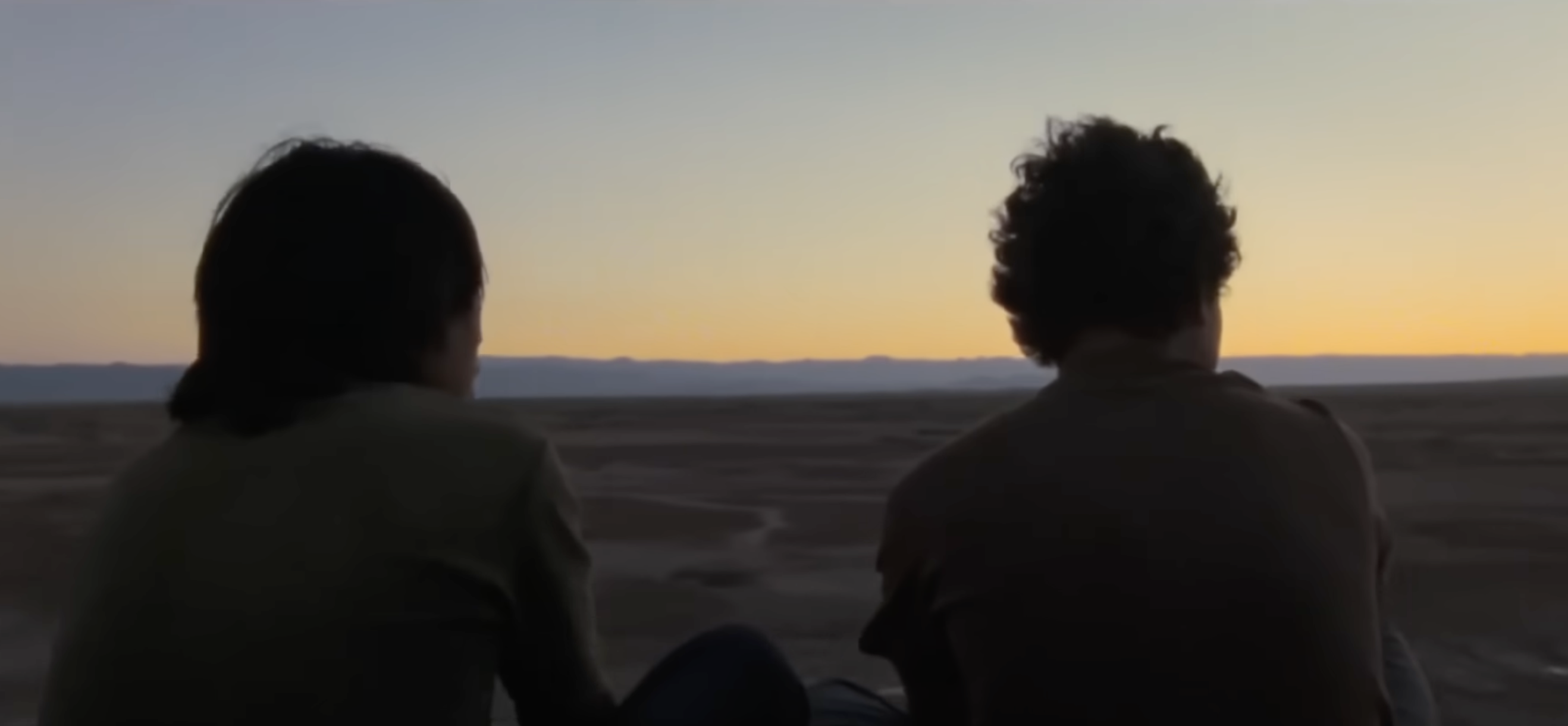 Two boys silhouetted from behind against a glowing sunset over the desert.