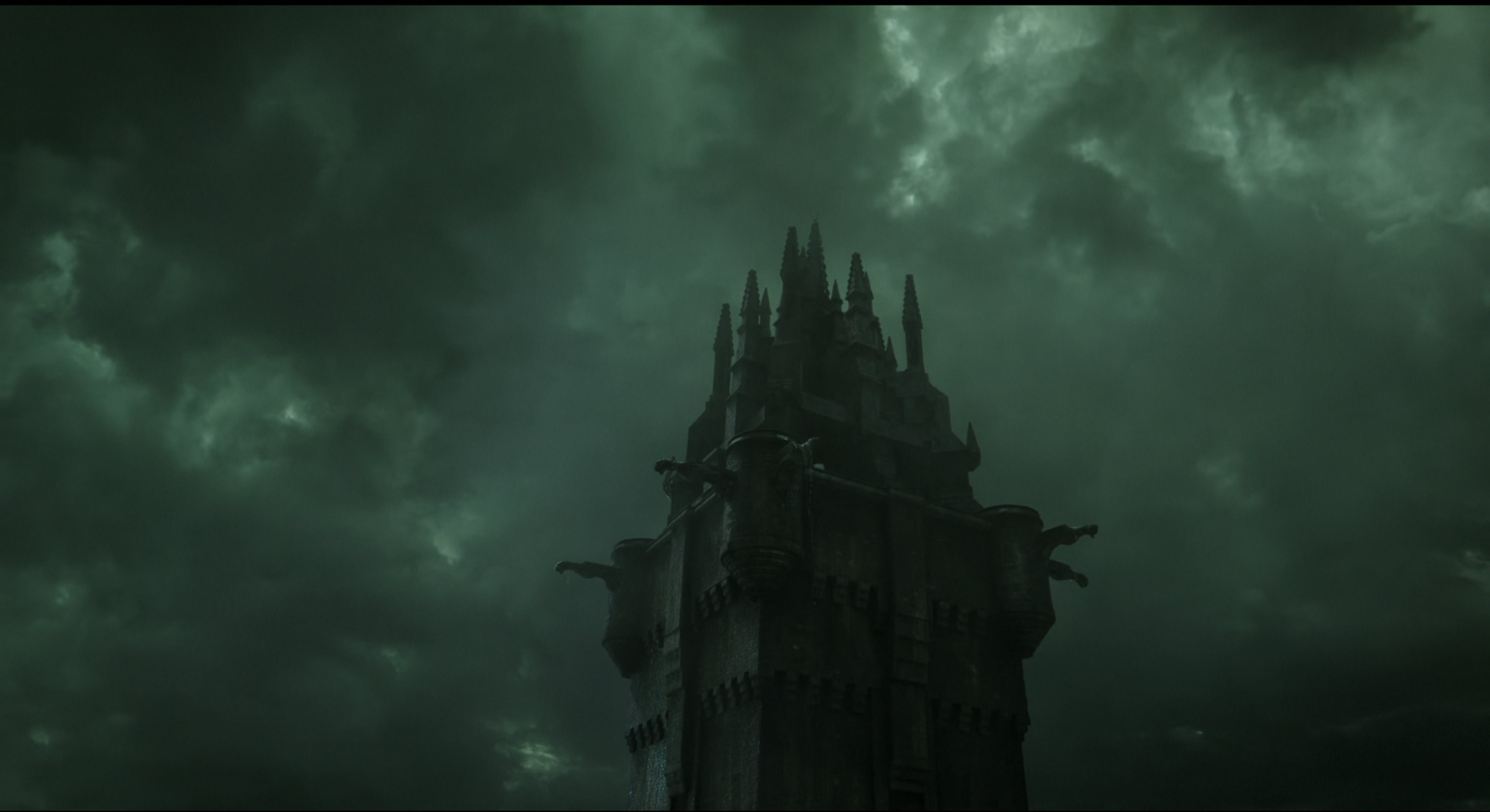 The castle in during the experiment, a storm rages on in the background