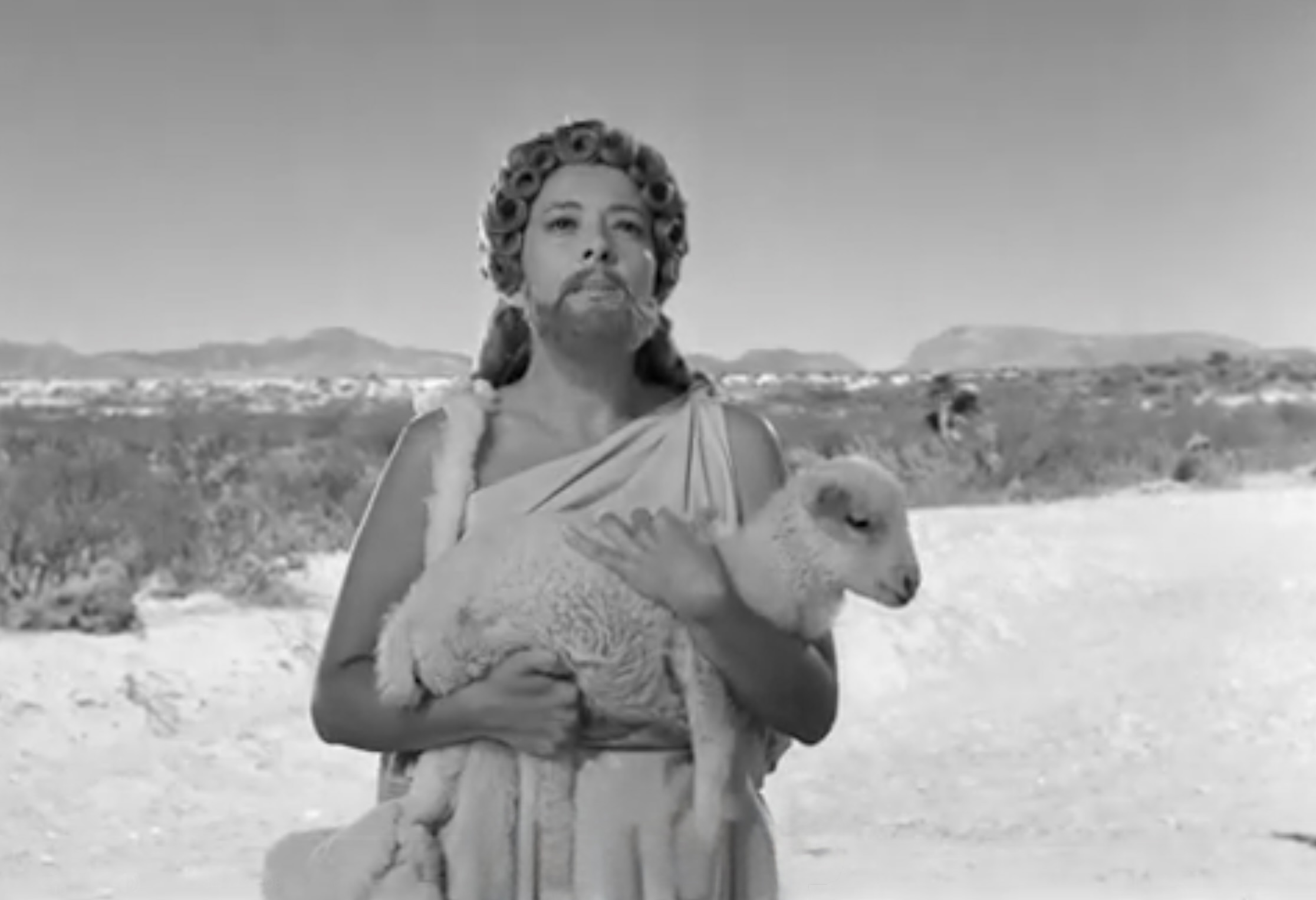 Satan disguised as God carrying a lamb to deceive Simón.