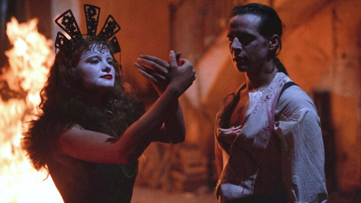 Jodorowsky uses framing as a kind of visual language: characters are frequently framed within religious symbols or else confined in tight, symmetrical shots. When the camera tilts or the composition falls out of kilter, the world itself seems to be falling apart. The framing of Fenix and his mother together speaks volumes about the two’s toxic bond: close, smothering, inescapable.