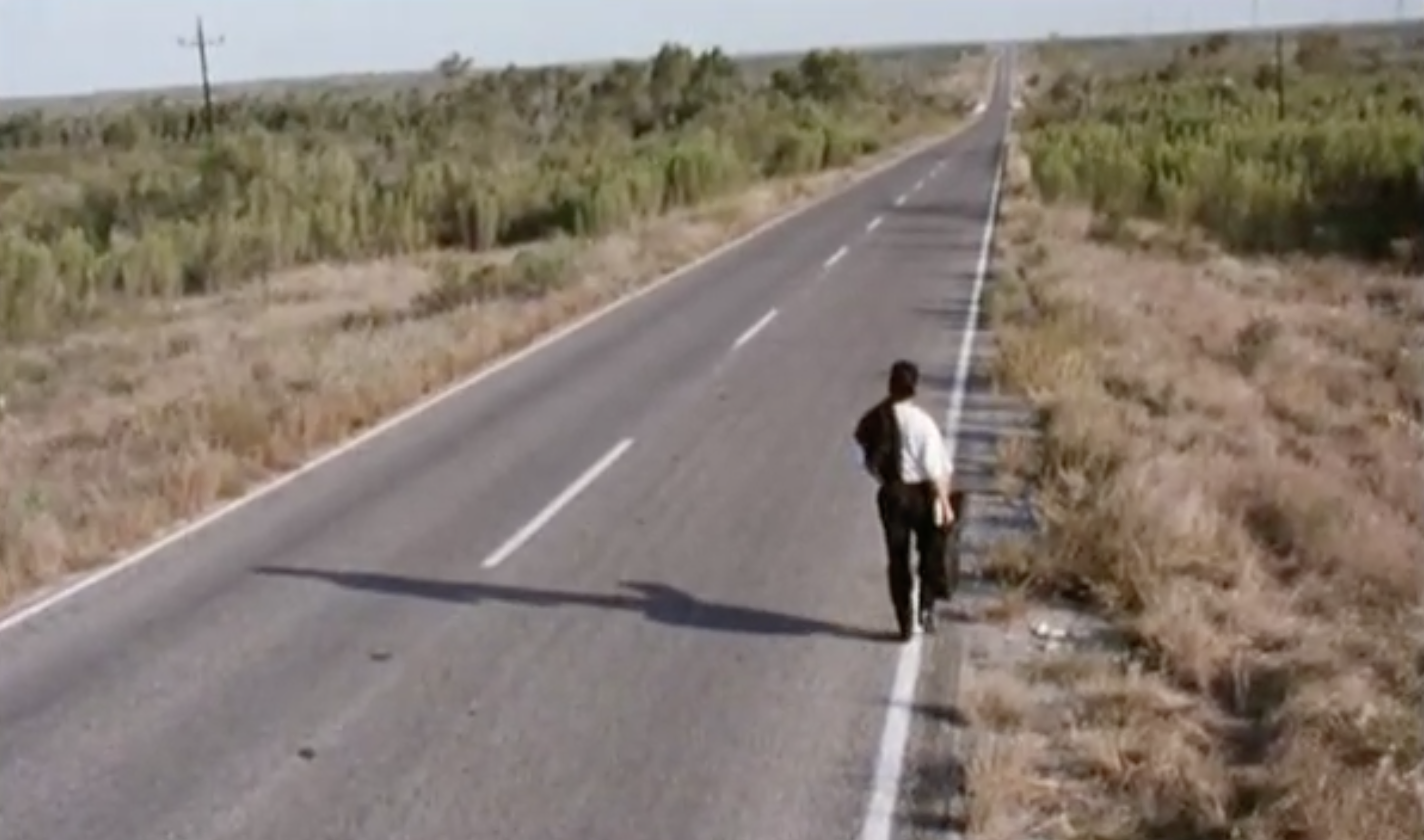 wider shot of mariachi walking on the road