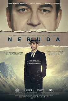 Poster of Neruda - features detective Peluchonneau standing prominently against the Andes mountains, with the eyes of Neruda cast above, watching.