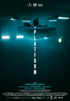 A floating platform harboring two people, descending from a hole in the ceiling. The room has glowing blue lights, and below it is black.