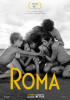 A black-and-white poster for Alfonso Cuarón’s Roma showing a woman surrounded by four children as they embrace on a beach, with the ocean and bright sky behind them. The title “ROMA” appears in large yellow letters near the bottom.